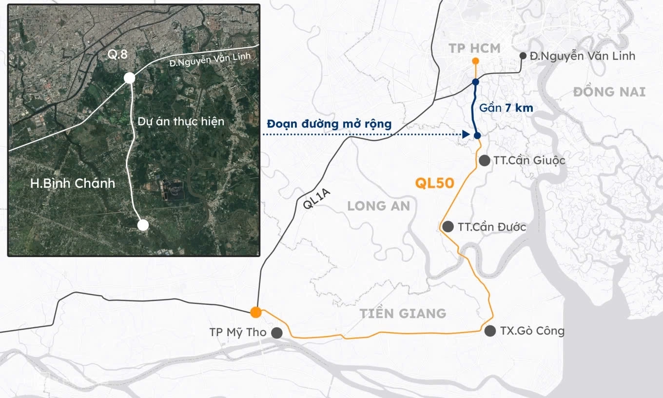 Hướng tuyến dự án mở rộng quốc lộ 50.