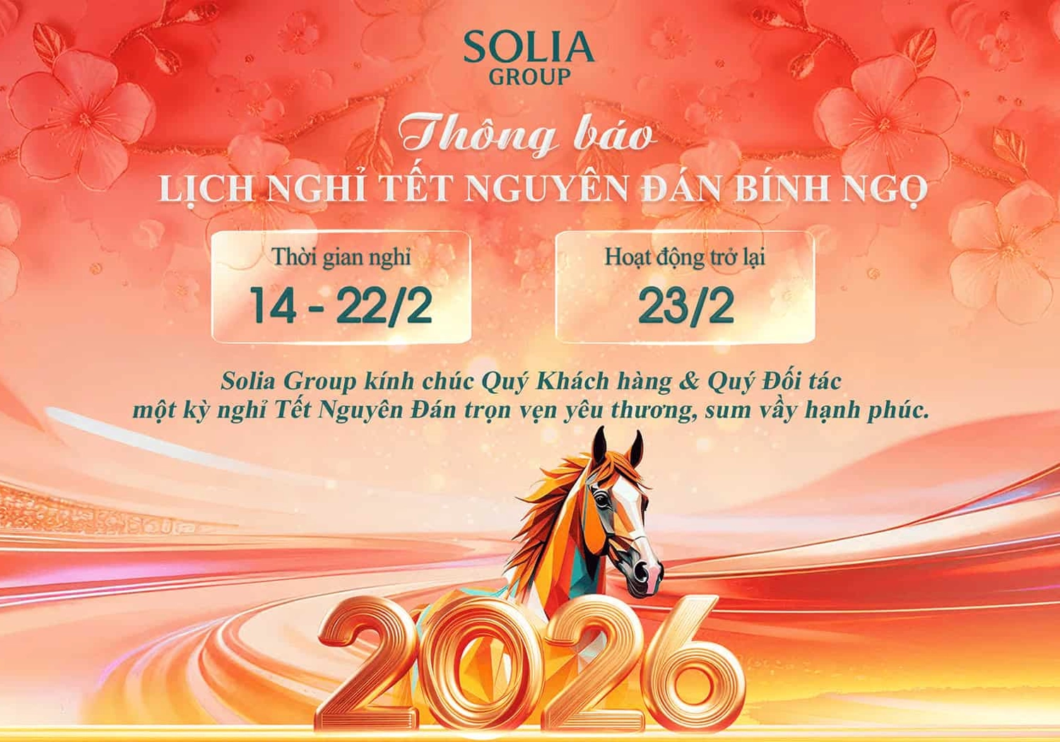 THÔNG BÁO LỊCH NGHỈ TẾT NGUYÊN ĐÁN BÍNH NGỌ 2026